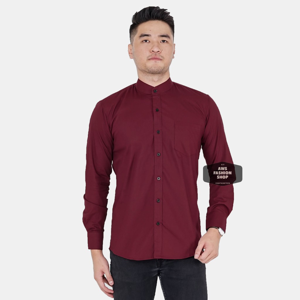 Kemeja Pria Lengan Panjang Polos Merah Maroon Kerah Shanghai Slimfit Casual Kerah Koko