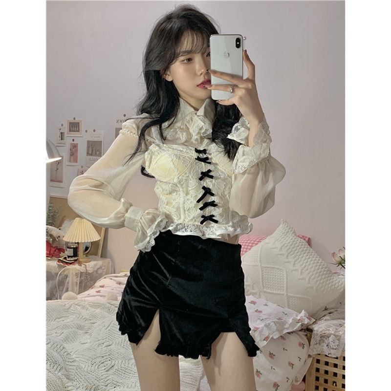 atasan renda import [three-piece set] retro bow kamisol + kemeja renda + setelan rok pinggang tinggi