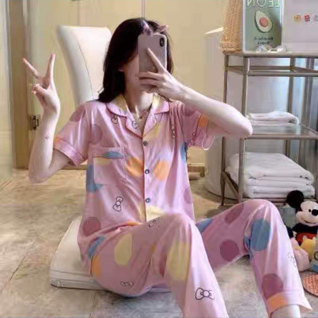 BAJU TIDUR PIYAMA SET KEMEJA CP LENGAN PENDEK CELANA PANJANG IMPORT PREMIUM BANYAK MOTIF-Polka Dot WarnaWarni