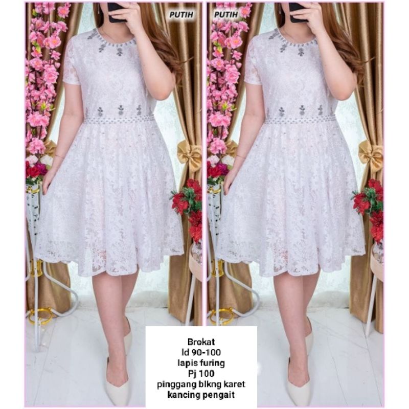 Dress brokat putih lengan pendek payet mutiara s m l pinggang karet