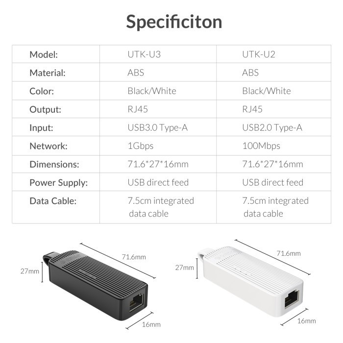 ORICO UTK-U2 USB 2.0 to Ethernet LAN Adapter 100MBps