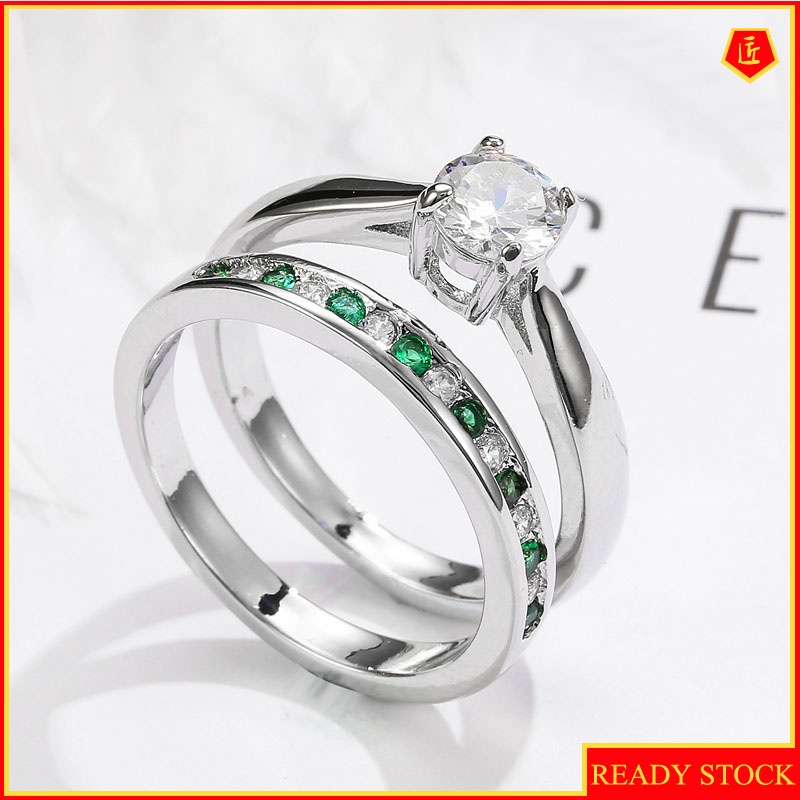 [Ready Stock]Simple Elegant Emerald Diamond Ring Set