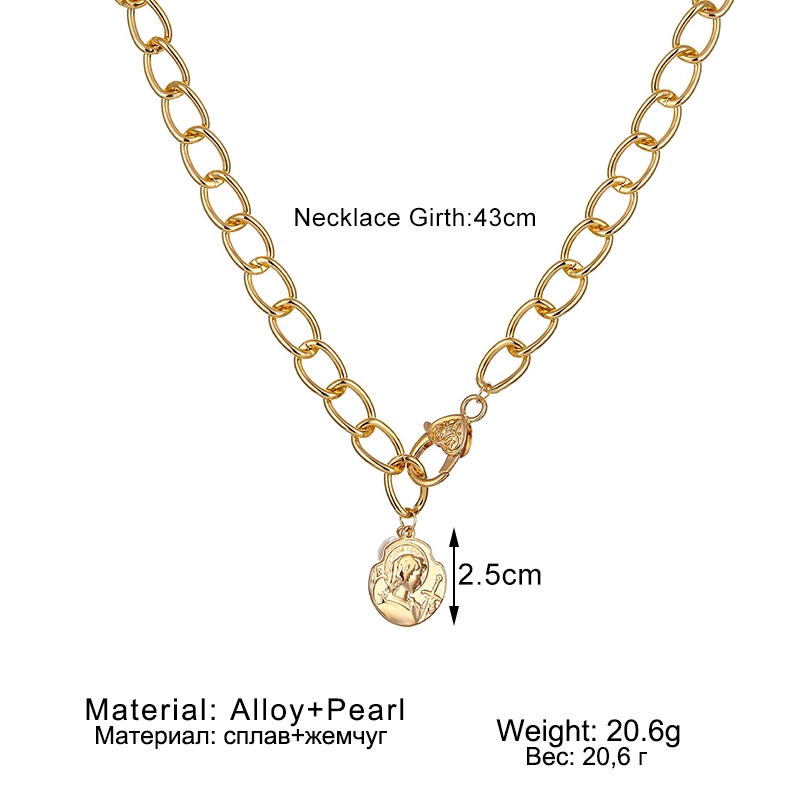 Kalung Rantai Liontin Koin Geometris Klasik Bahan Metal Warna Gold Untuk Wanita