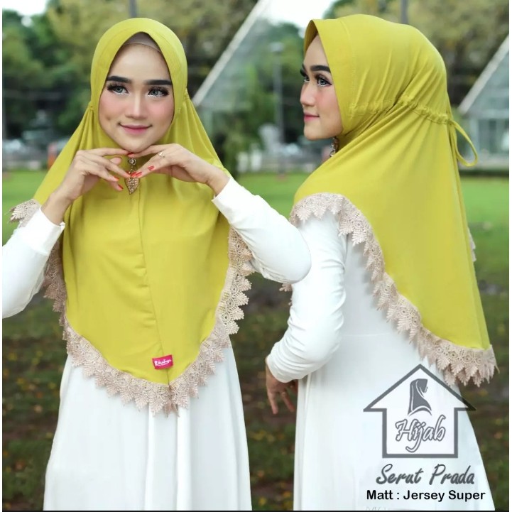 Jilbab Instan Serut Prada Renda Import Jersey Super Premium Model Bergo Terbaru-Lemon