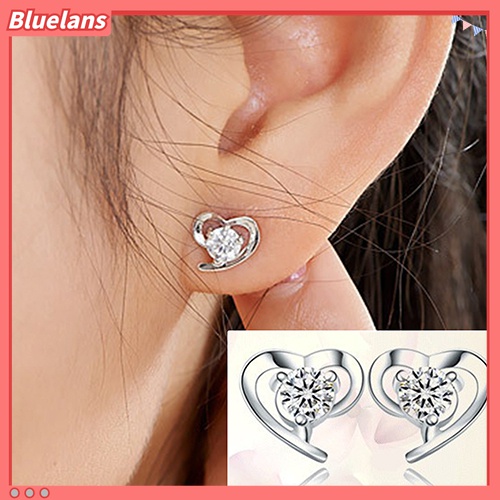 Anting Stud 925 Sterling Silver Bentuk Hati Kubik Zirkonia Untuk Wanita