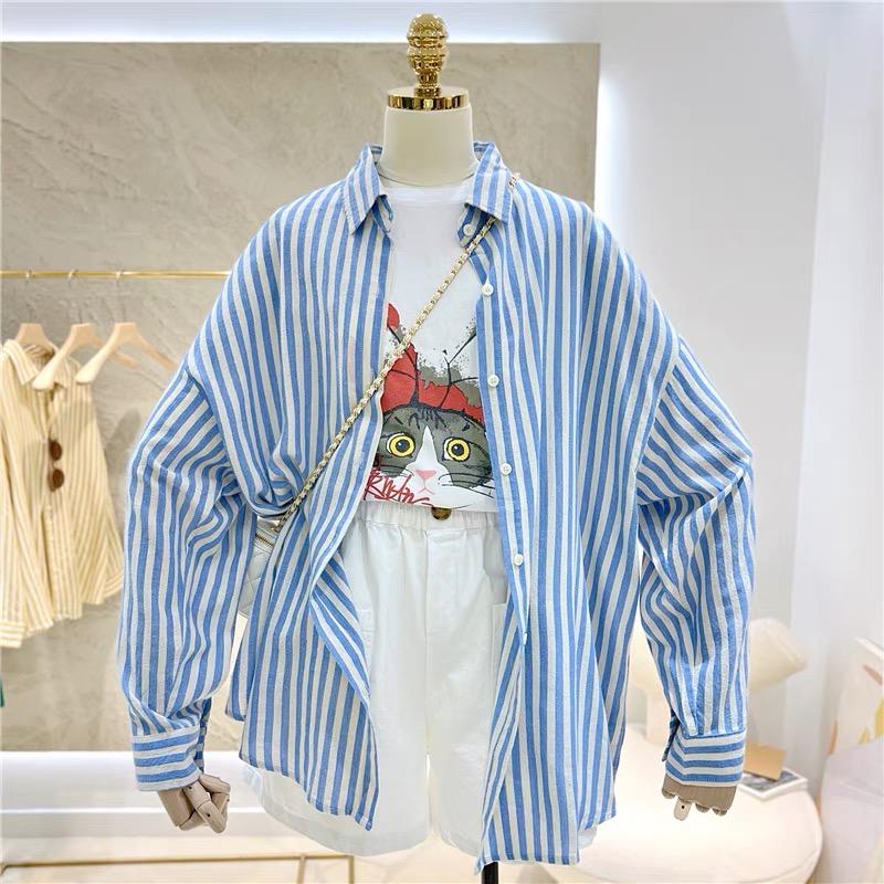 Kemeja Cewek Korean Style Motif Salur Bahan Katun Yandet