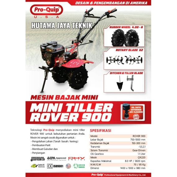Mesin Bajak Mini Tiller Rover 900 Pro-Quip