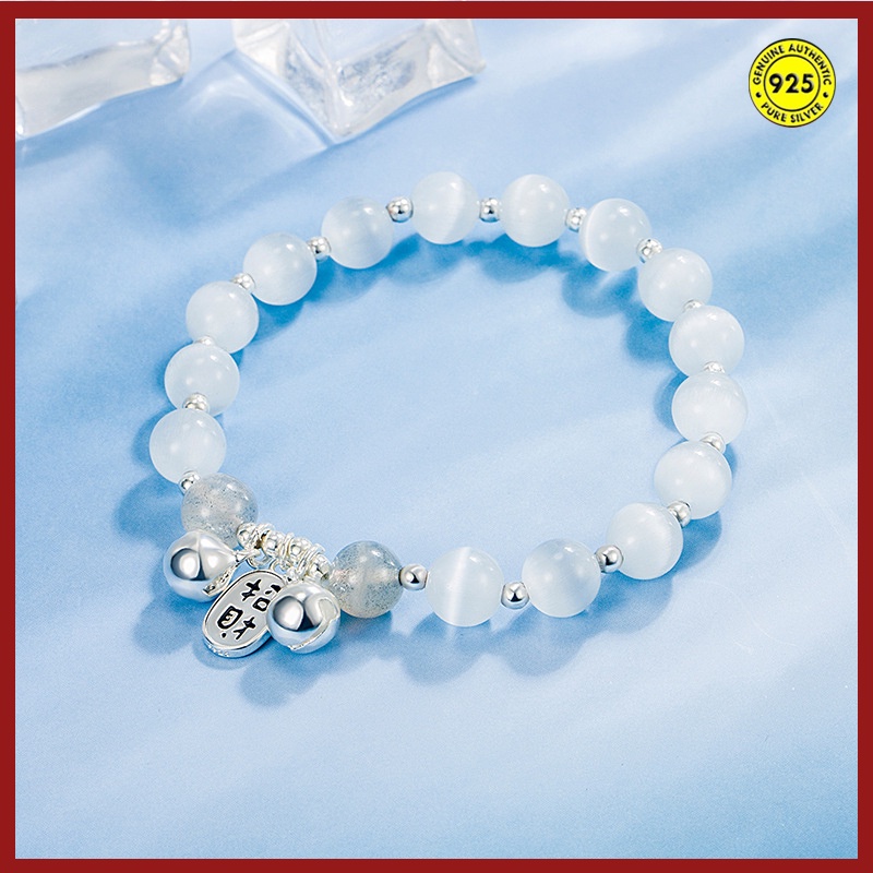 Gelang Tali Elastis Dapat Disesuaikan Bahan S925 Silver Aksen Manik-Manik Keberuntungan Untuk Wanita