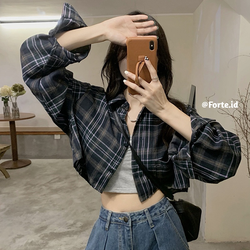 Crop Top Kemeja Kotak-kotak Lengan Panjang Wanita Blouse Korean Style Shirt Baju Atasan Import Casual