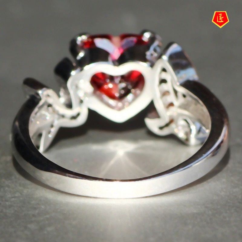 [Ready Stock]I Love U Heart-Shaped Red Rhinestone Ring 925 Silver Female