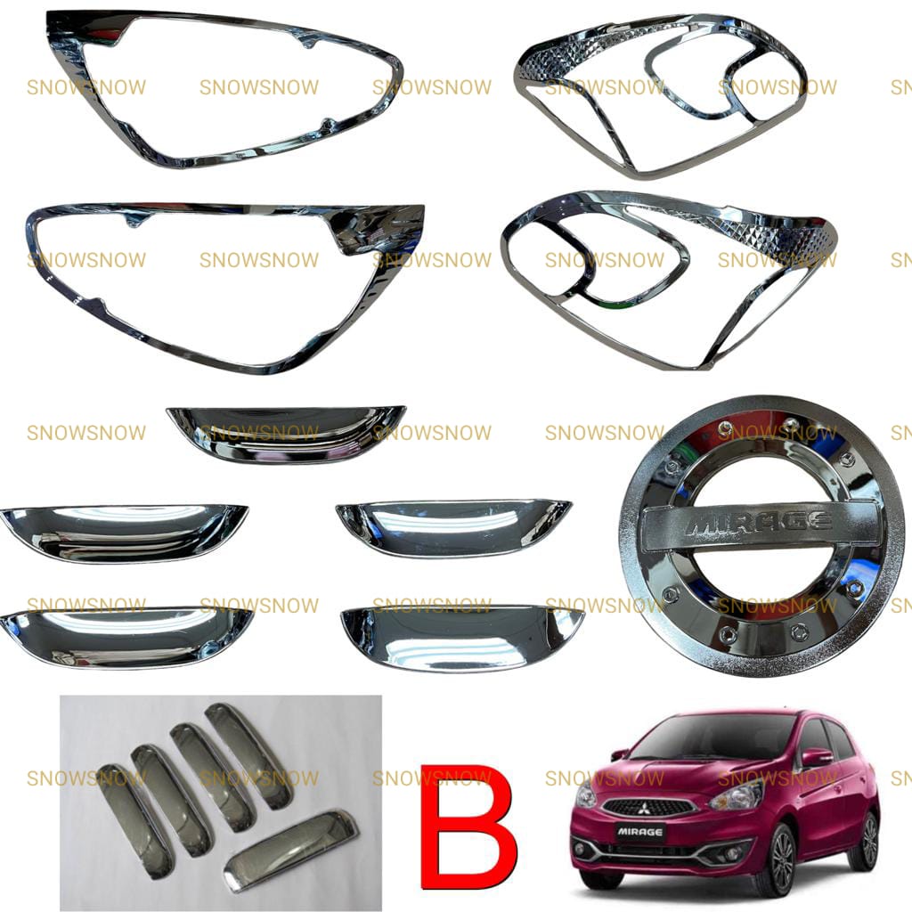 Paket Garnish Lampu Depan Belakang Outer Handle Tank Cover Mitsubishi Mirage Luxury Hitam Chrome