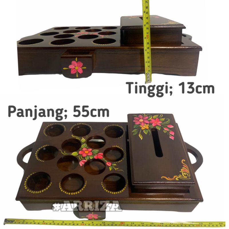 Tempat Aqua Gelas Set Nampan Cantik Kotak + Tempat Tisu Kayu Jati Motit Warna Lukis