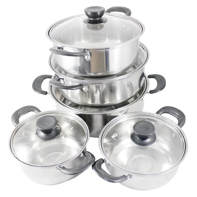 Set Panci Stainless Steel Dengan Tutup Susun Isi 5 Peralatan Dapur Masak Anti Karat Serbaguna