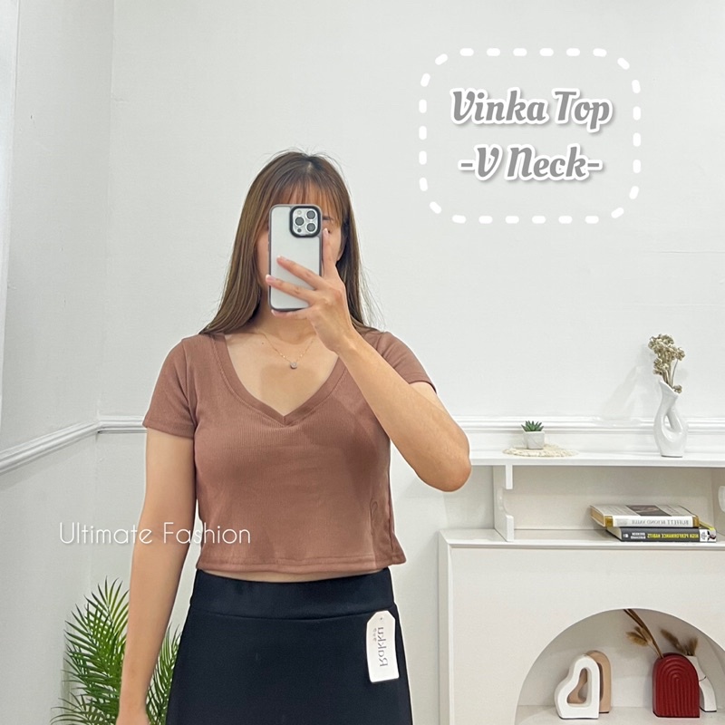 Vinka Top V Neck - Crop Rib Import - Atasan Wanita 182