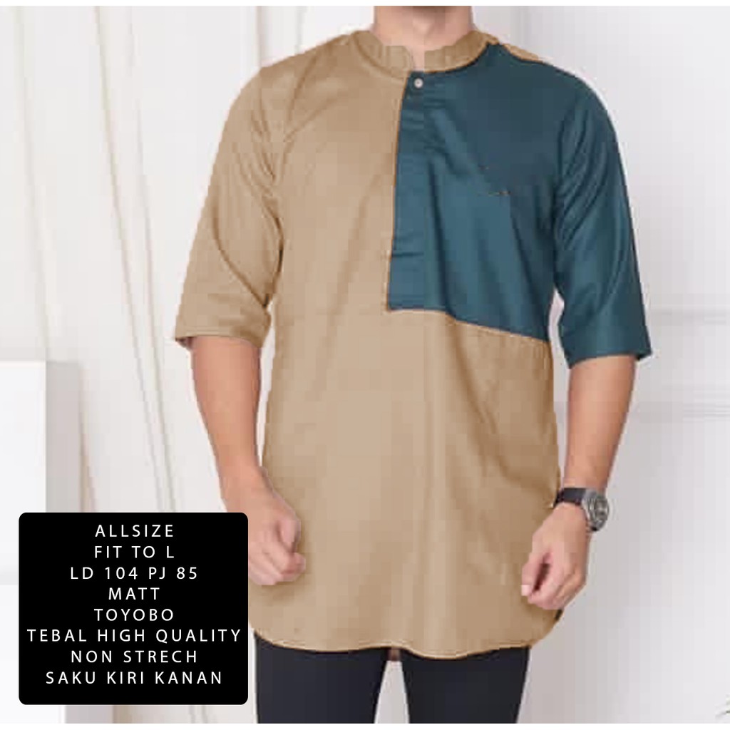 PAKAIAN PRIA MUSLIM BAJU KOKO LENGAN 3/4 WARNA KHAKI BAHAN TOYOBO ORI TEBAL DINGIN KUALITAS BAGUS