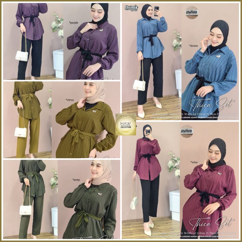 Setelan Kemeja Wanita Motif Salur Thica Set Original By Uwais Oneset Atasan dan Celana Crinkle Airfl