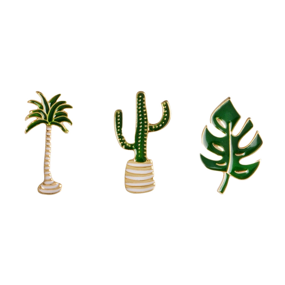 Bros Pin Enamel Desain Kaktus/Pohon Kelapa Gaya Simpel-1