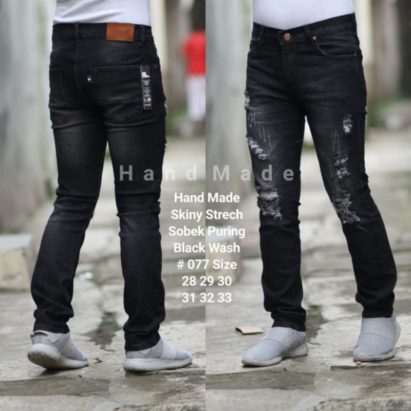 Jual Celana Jeans Pria Skinny Biker Motor Ripped Knee Rips Sobek Robek Black Denim Streact