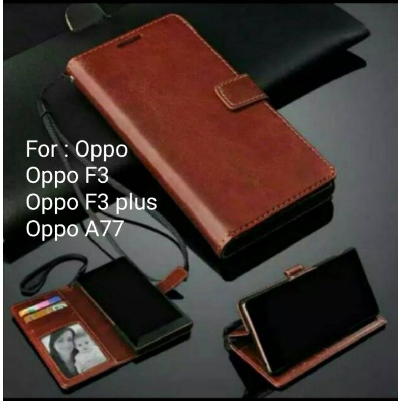 Leather Case Oppo F3 F3plus Plus A77 Sarung Dompet Wallet Kulit Casing Cover Buku Book Folio Diary