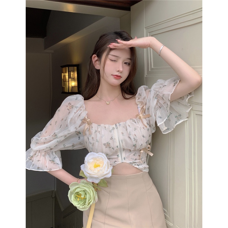 Suhao Kemeja Sifon Wanita Perancis Floral Kemeja Lengan Pendek Chic Skinny Crop Top