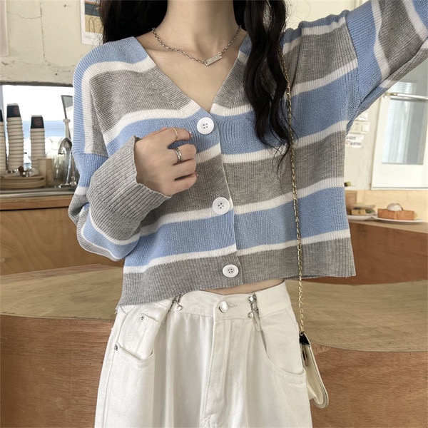 Naya stripe cardigan crop knit atasan wanita