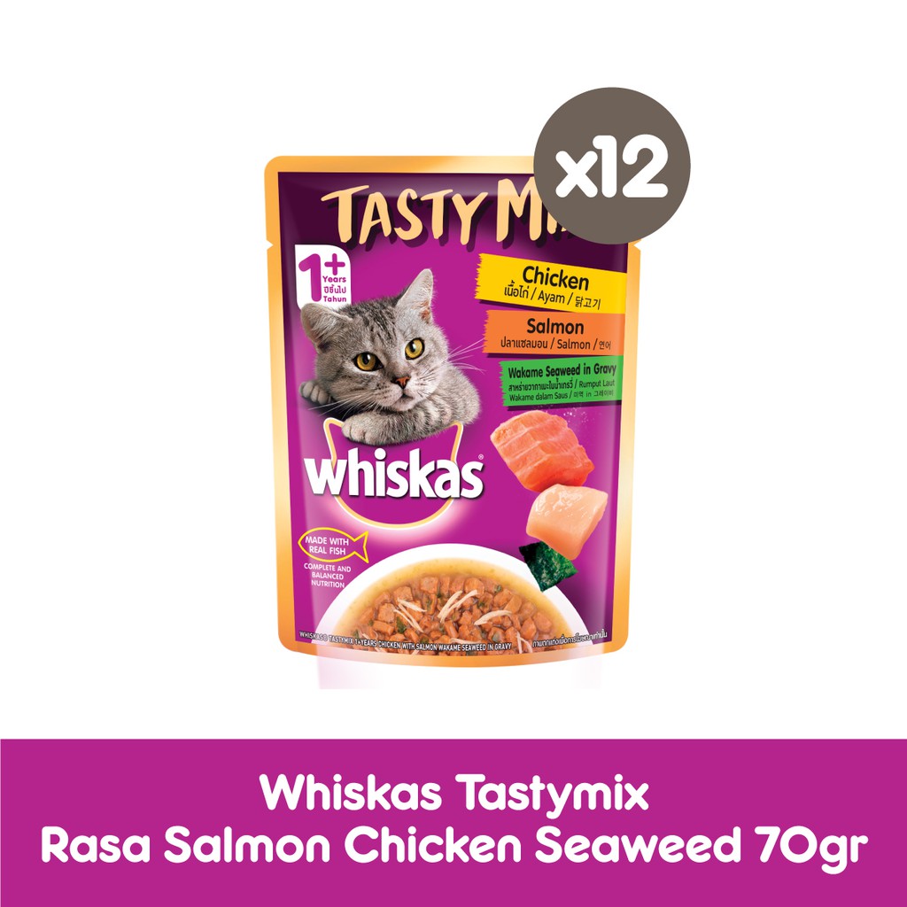 WHISKAS® Tasty Mix Makanan Kucing Basah Pouch 70gr - Isi 12-Salmon Seaweed