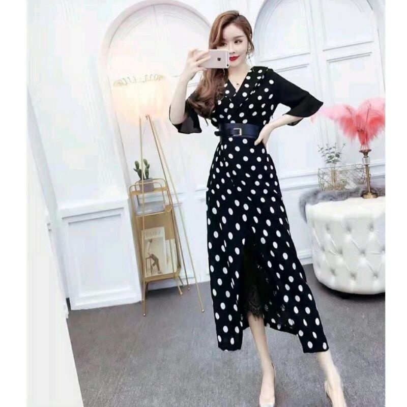 2IN1 SET DRESS WANITA POLKADOT KOREA MIDI DRESS WITH SKIRT IMPORT