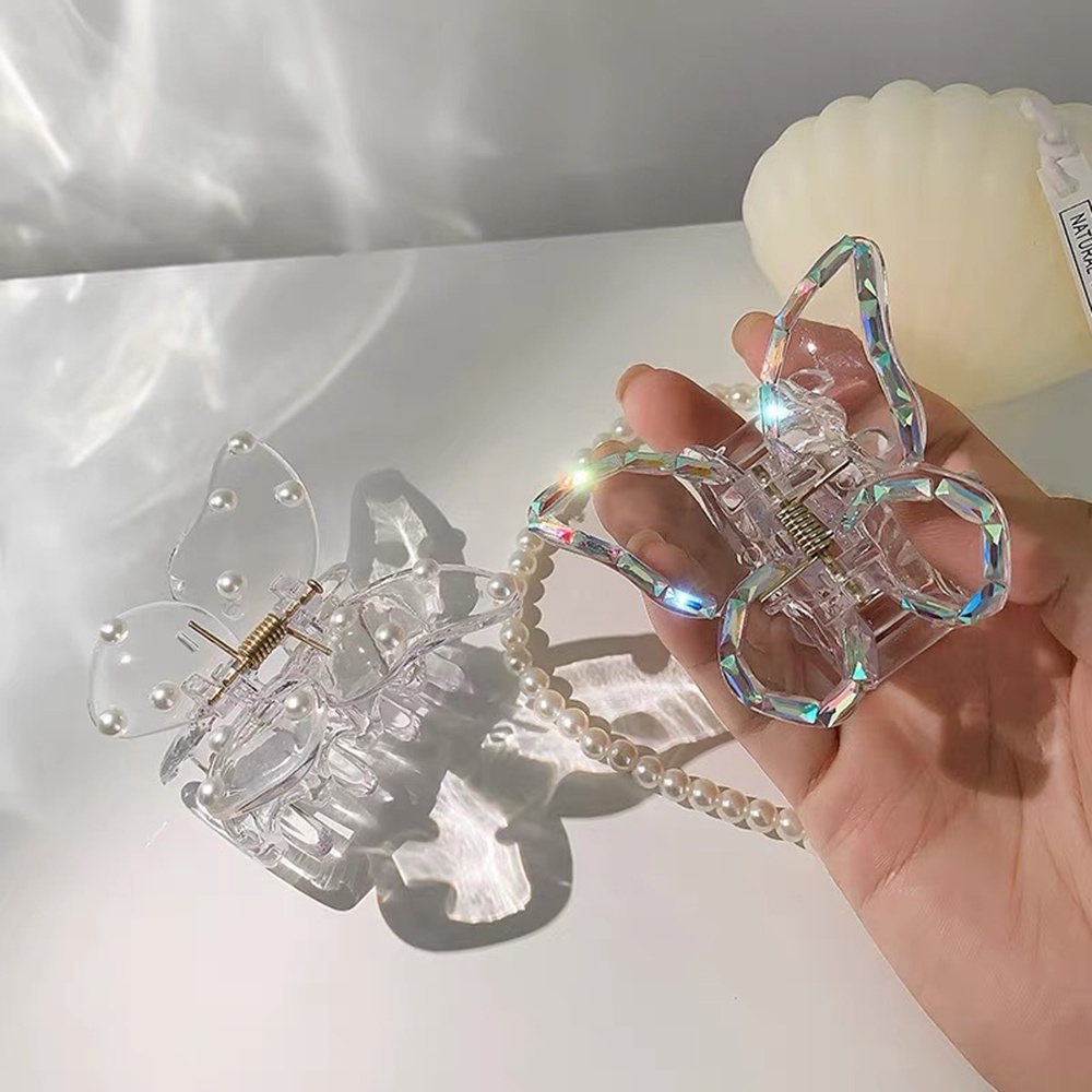 【COD Tangding】Chic Korea Pearl Butterfly Catch Clip Transparent Water Diamond Shark Hair Clip INS Summer Hair Catch