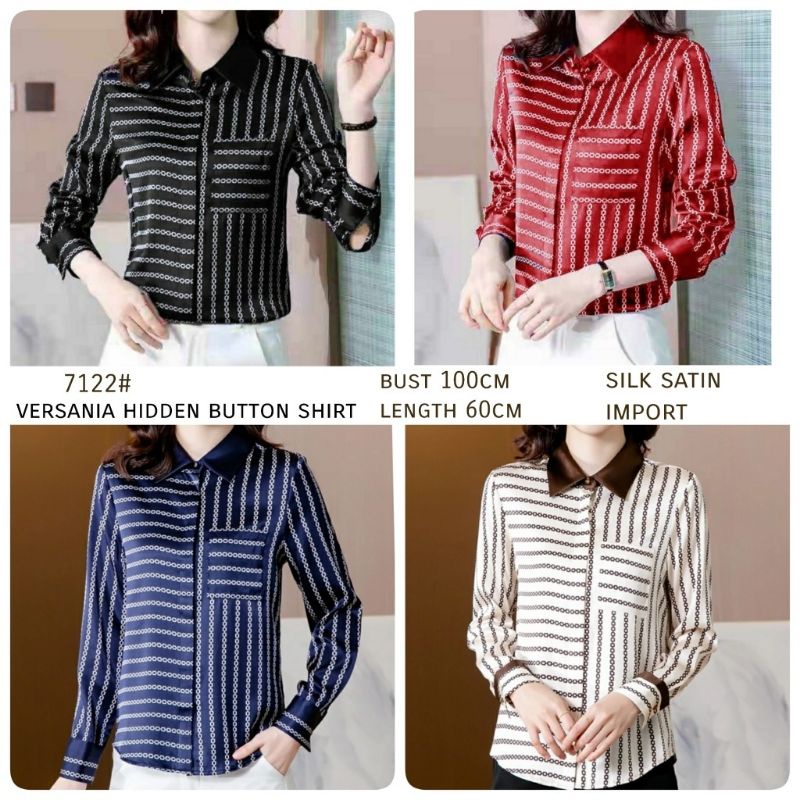 MDLV ~ 7122 Versania Hidden Button Shirt Women Line Shirt Premium Kemeja Garis Kemeja Satin Premium Kemeja Satin Lengan panjang Kemeja Casual Kemeja wanita Fashion Import