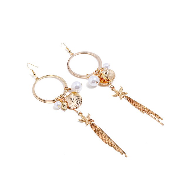 LRC Anting Gantung Fashion Gold Starfish Shell Pearl Earrings F63117