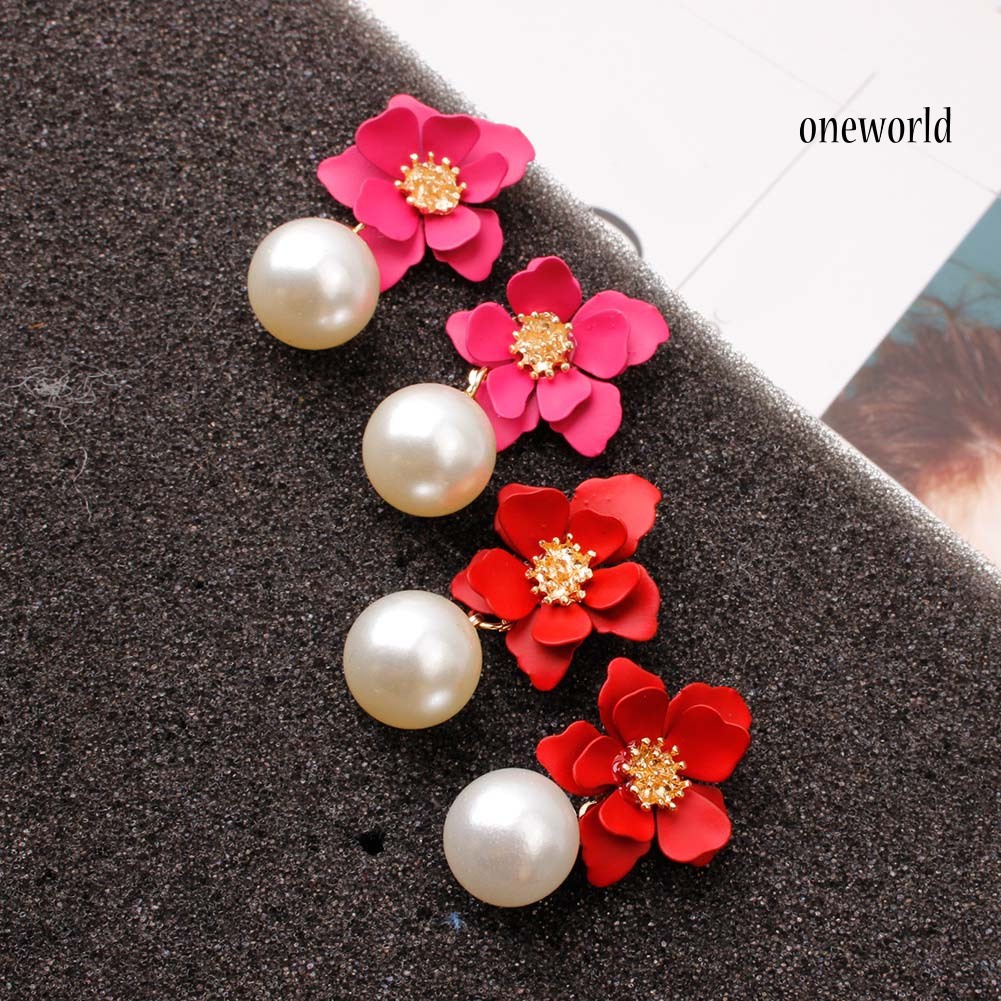 OW@ Sweet Women Faux Pearl Dangle Resin Flower Stud Earrings Summer Jewelry Gift