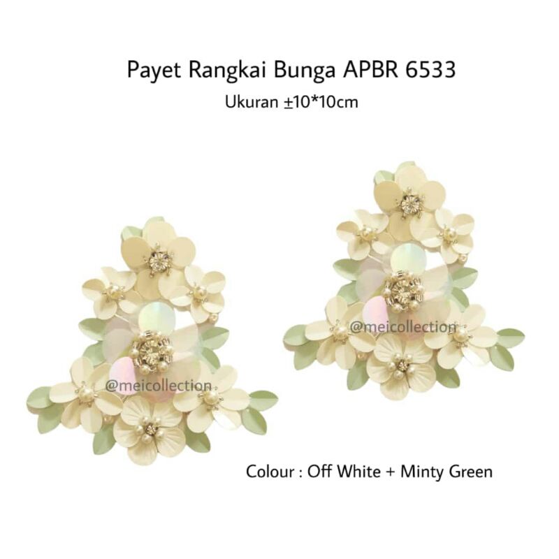 payet rangkai bunga 3d APBR 6533 off white minty green