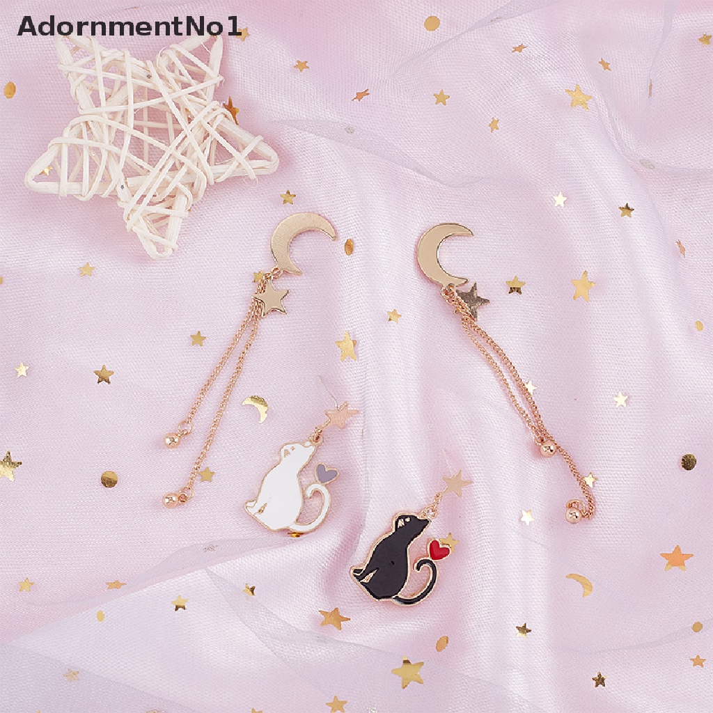 (AdornmentNo1) Anting Tusuk Asimetris Motif Kucing + Bulan + Bintang Untuk Perhiasan Wanita