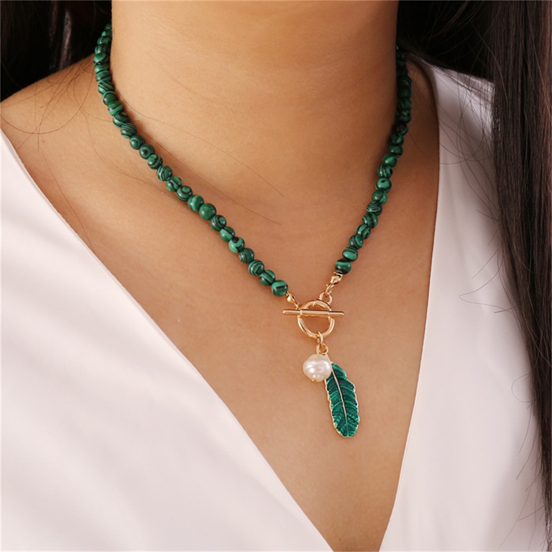 Hbid Kalung Rantai Liontin Daun Malachite Bahan Alloy Untuk Wanita