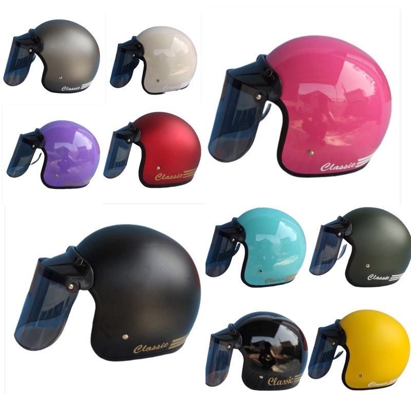 helm bogo classik garis tiga kaca datar flat sni pria wanita dewasa murah polos kaca helm classic