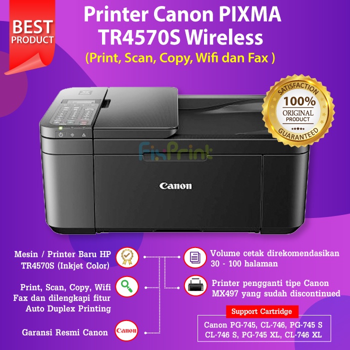 Printer Canon PIXMA TR4570S TR 4570S Print Scan Copy Fax Wifi Wireless ADF Cartridge 745s 746s