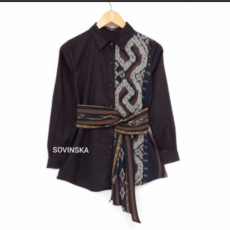 Atasan Tenun WP 228 Hitam Hem Kemeja Wanita Lengan Panjang Baju Kerja By Sovinska