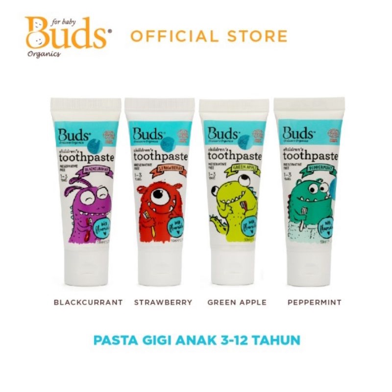 Buds Organics Toothpaste With Fluoride Usia 3-12 Tahun Ukuran 50 ml