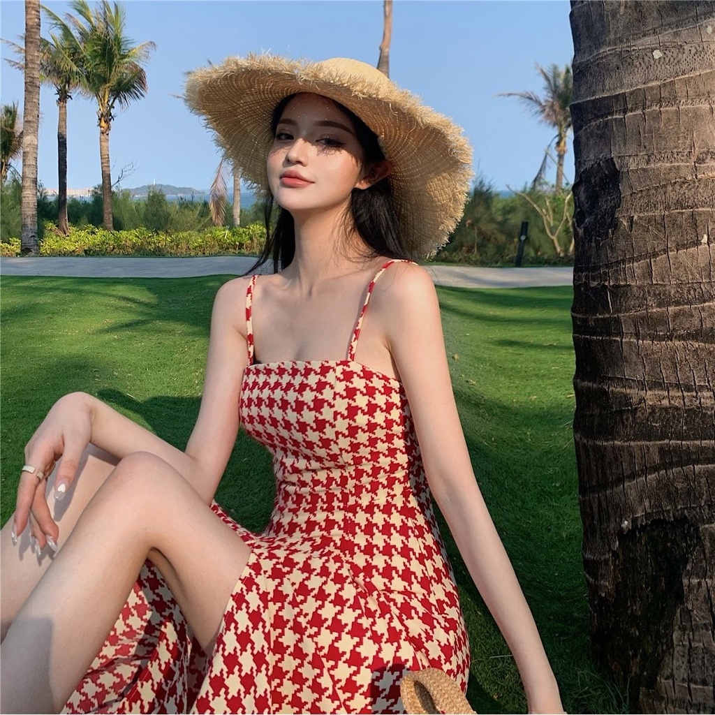 INNER DRESS PANJANG FASHION WANITA 2022  DRESS MERAH DAN HITAM KOTAK KOTAK INS SUPER FAMOUR DRESS GAYA KOREA WANITA TERBARU TANPA LENGAN