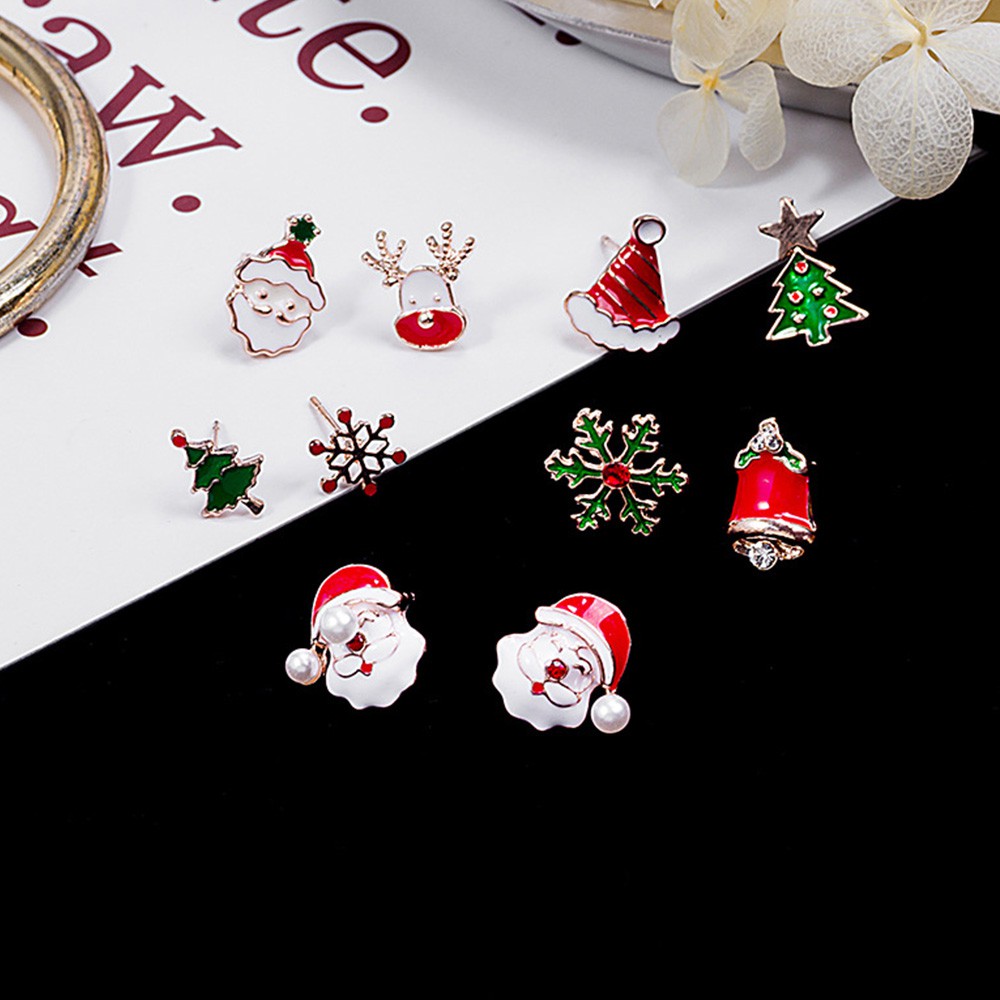 Anting Stud Tindik Desain Snowman Rusa Bell Pohon Natal Santa Claus Untuk Wanita