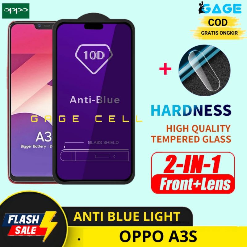 2IN1 TEMPERED GLASS ANTI BLUE LIGHT OPPO A3S - TG ANTIGORES FULL LAYAR KAMERA OPPO A3S PREMIUM