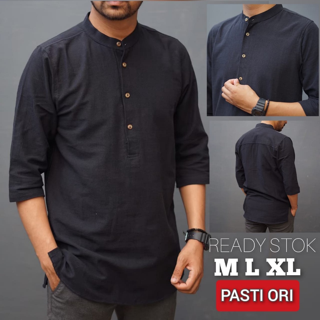 AL HABSYI Kurta Pakistan Linen l Baju Koko kurta Pakistan l Kurta Pakistan lengan tiga perempat l Koko Qurta l Qurta Pria l Qurta lengan tiga perempat l KURTA LS pria lengan tiga perempat polos warna Hitam seri KLTP 003 l BAJU MUSLIM TERBARU 2022