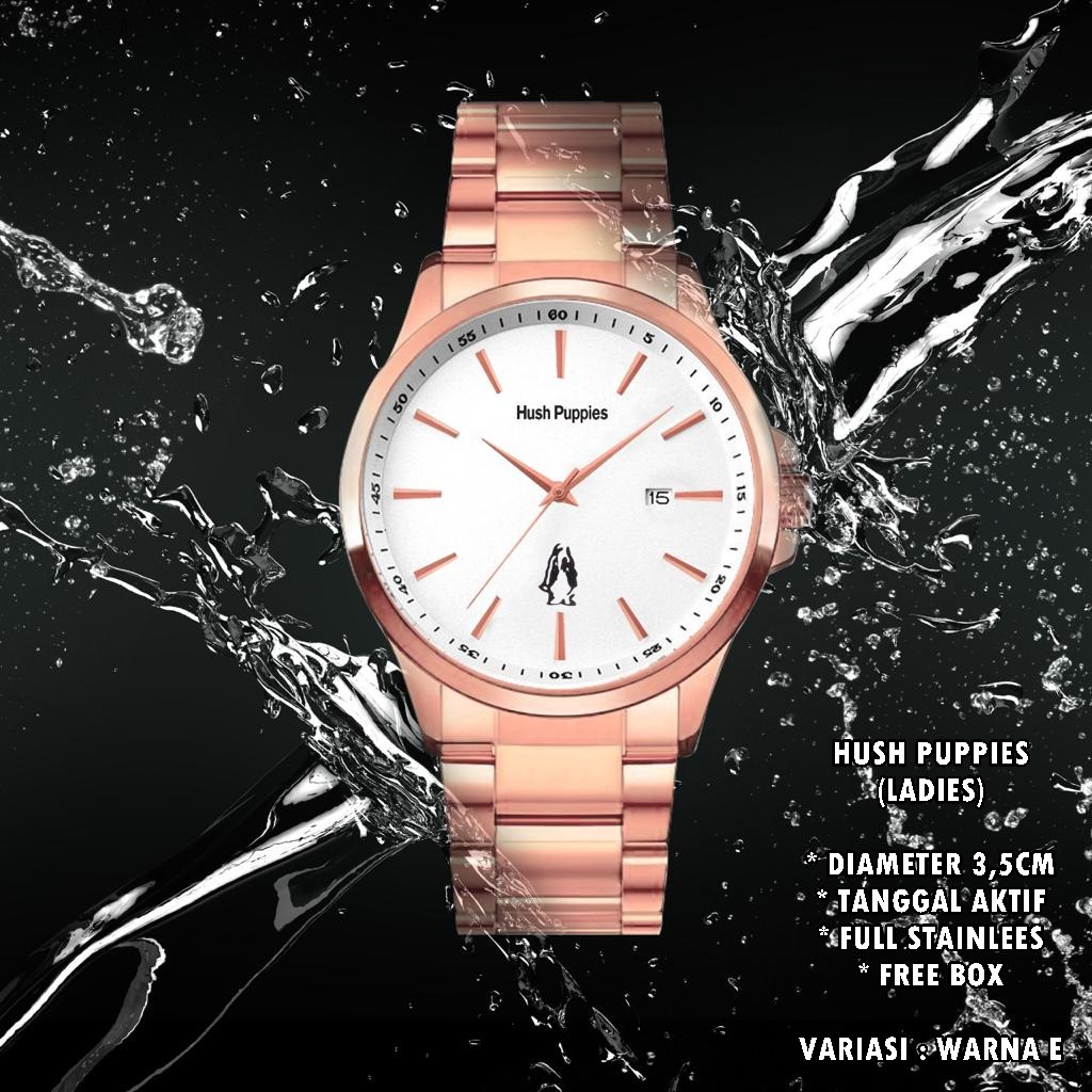 (BISA COD) JAM TANGAN WANITA HUSH PUPPIES H-039 RANTAI BODY BULAT TANGGAL AKTIF