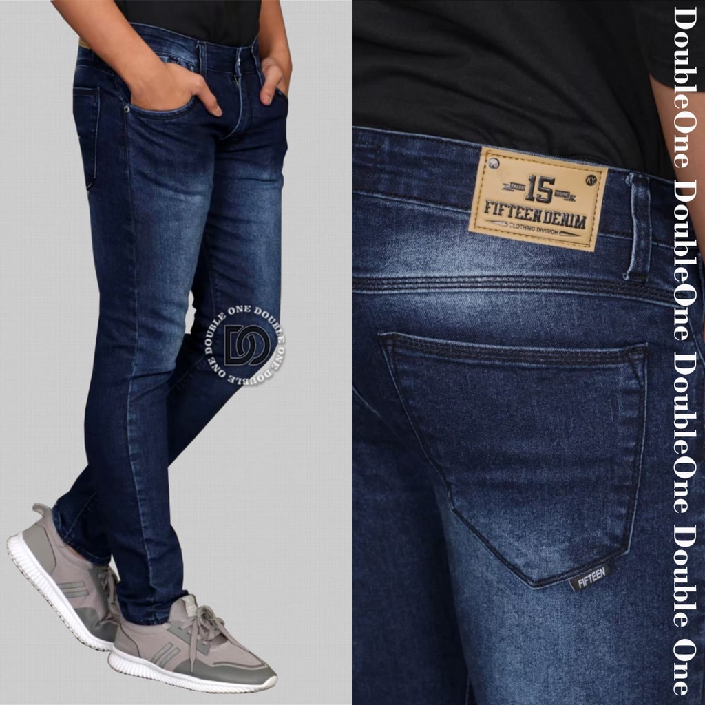 DOUBLE ONE Celana Jeans Panjang Pria Slim Fit Original FIFTEEN DENIM Bio Wash