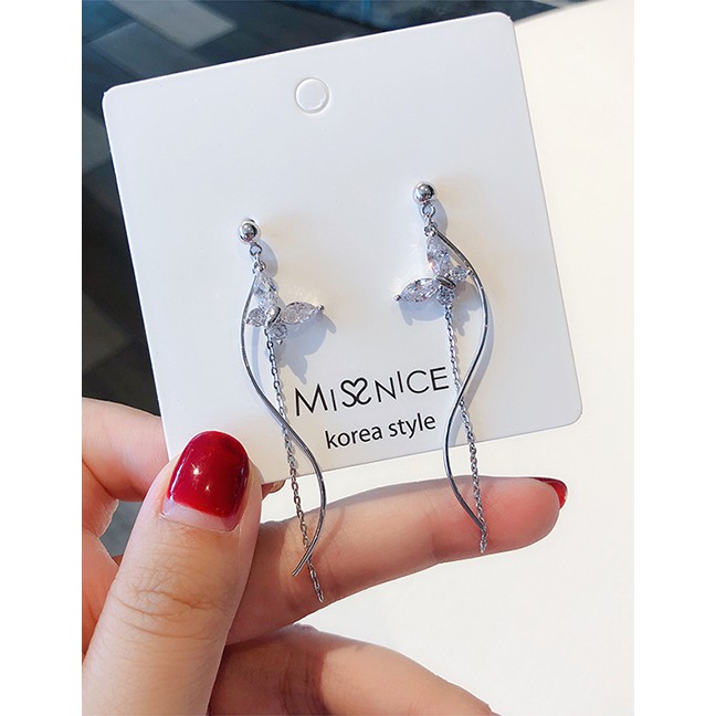 LRC Anting Tusuk Fashion Silver 925 Silver Needle Zircon Butterfly Wavy Line Tassel Earrings D15303