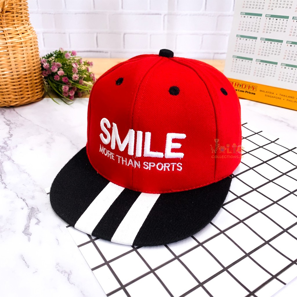 JOLIECOLLECTIONS.ID | TOPI ANAK FASHION HAT BORDIR TULISAN SMILE MORE THAN SPORTS UNISEX SNAP BACK-SMILE SPORT-MERAH