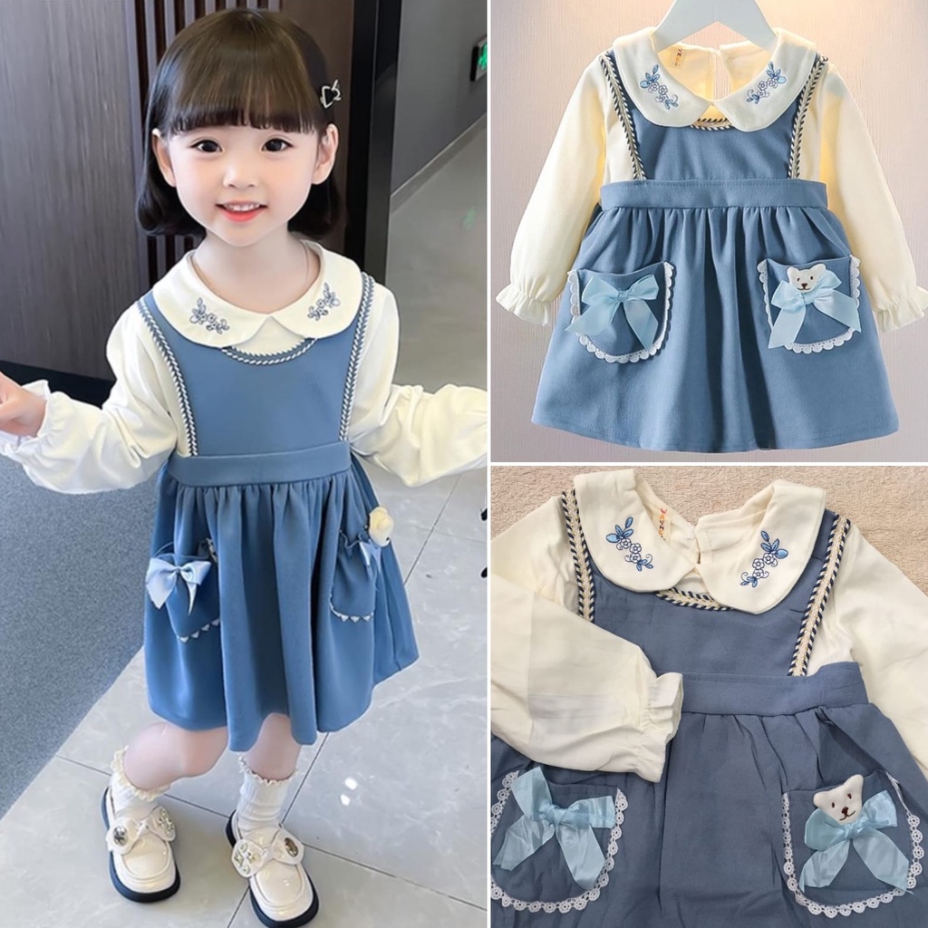 Dress bayi import premium lengan panjang gaun teddy bear anak lembut putih biru katun