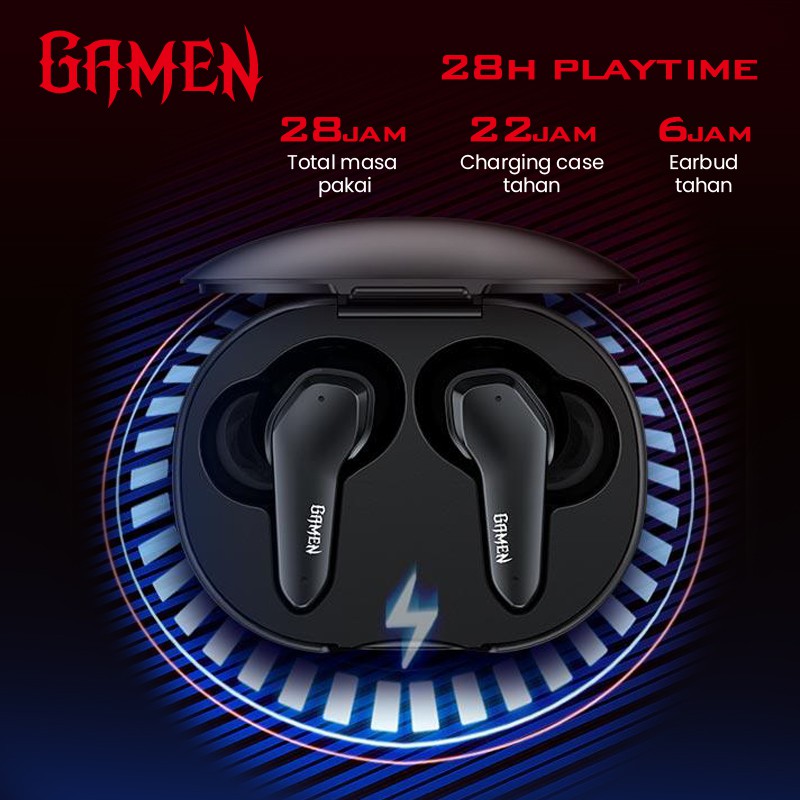 GAMEN Sirens Headset Earphone Airbuds Low Latency 40 MS LED HD Sound Semi-In-Ear Waterproof TWS True Wireless Stereo Original - Garansi Resmi 1 Tahun