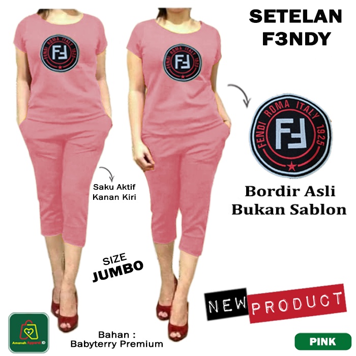 Setelan Kaos Hotpants Wanita F3NDY JUMBO Bordir Bahan Babyterry Premium Hot Pants 7/8 SIze XL - 09251