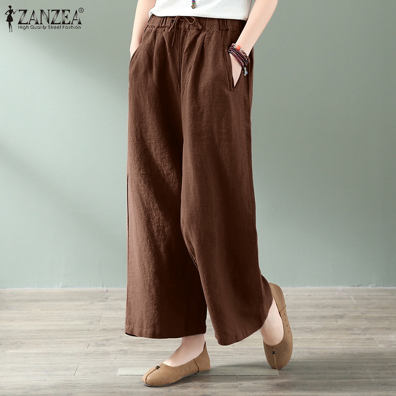 ZANZEA Women Casual Elastic Waist Loose Wide Leg Solid Color Long Pants